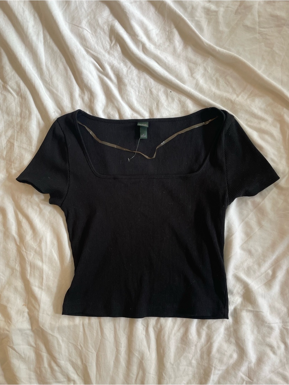 wild fable Black Ribbed Square-Neck Short Sleeve Top